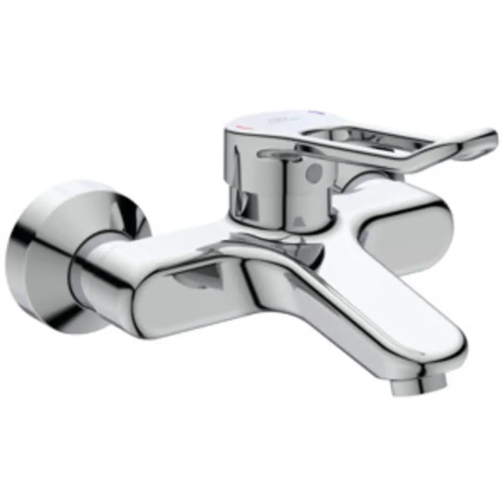 Ideale Standard-Wandarmatur mit verchromter Oberfläche und Bügelgriff. Für die Montage an der Wand konzipiert, ermöglicht eine präzise Regelung des Wasserflusses.